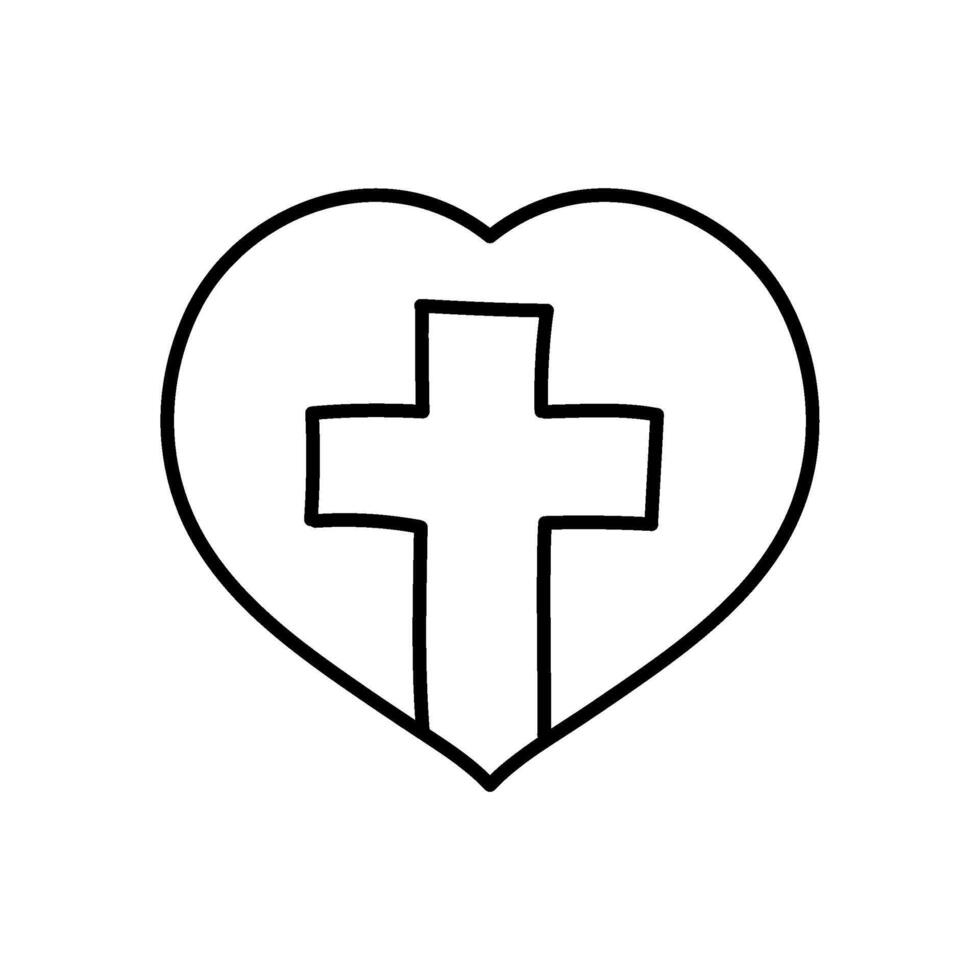 Christian cross inside heart shape icon. Hand drawn vector illustration. Editable line stroke.