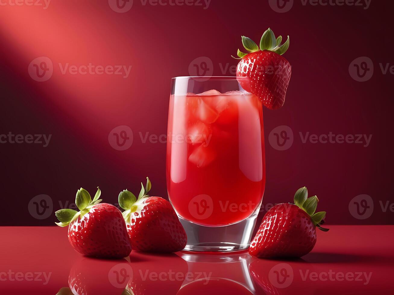 ai generado un vaso de fresa jugo hace señas en contra un vibrante rojo antecedentes foto