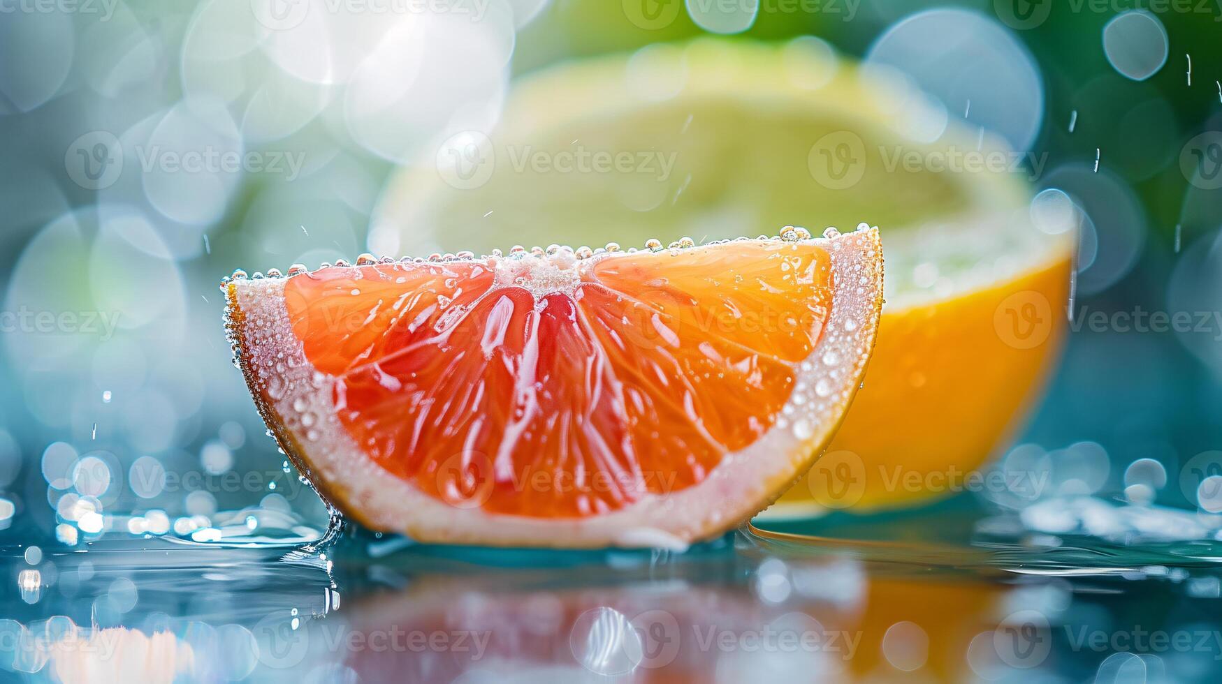 AI generated a vibrant, ripe citrus, sliced to reveal its succulent interior photo