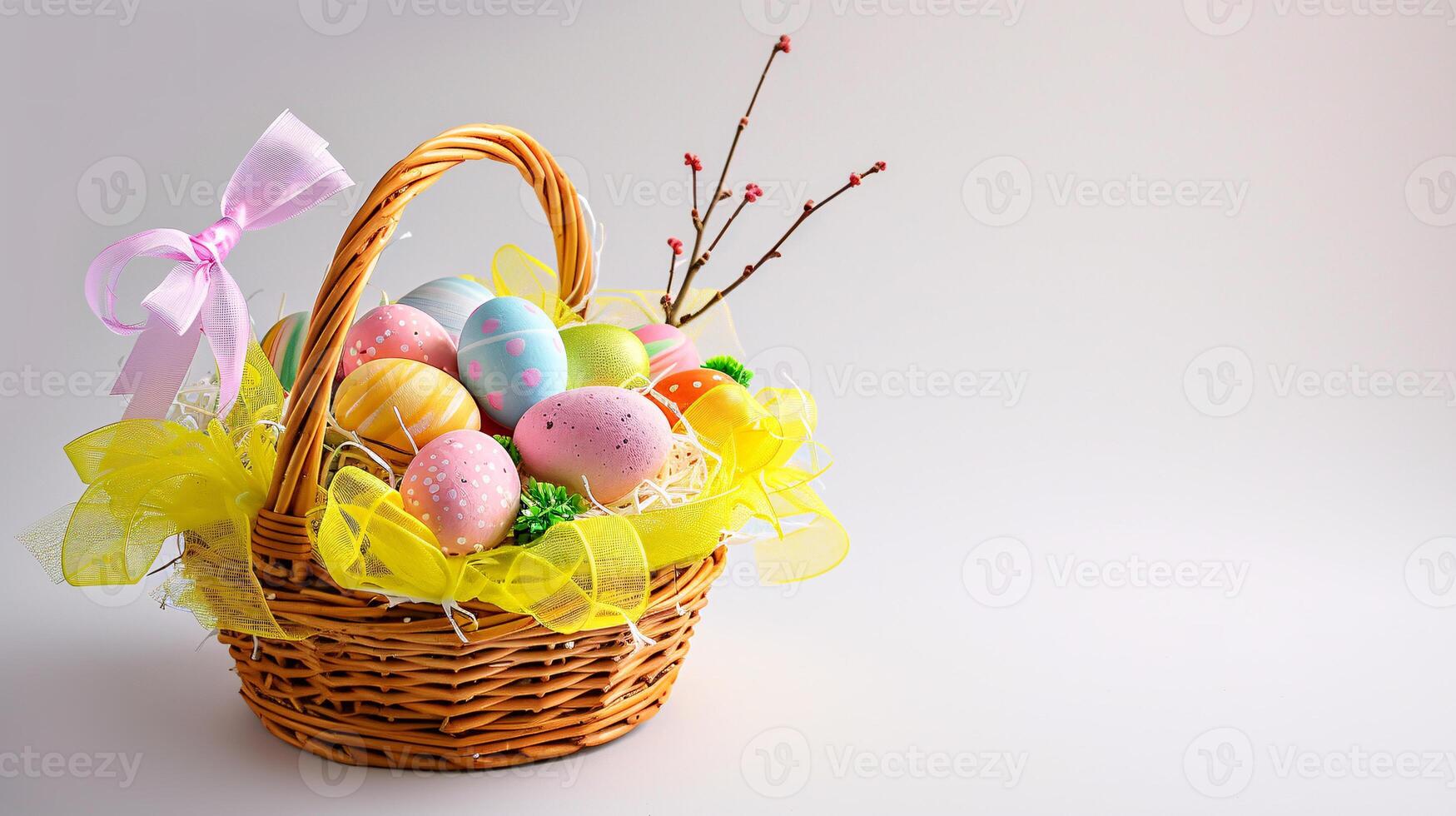 AI generated An Easter basket with eggs and flowers steals the spotlight, meticulously arranged against a clear, radiant white background and copy space for text photo