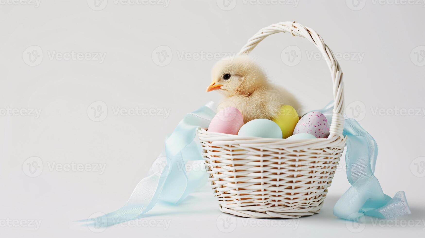 AI generated An Easter basket with a yellow chicken steals the spotlight, meticulously arranged against a clear, radiant white background and copy space for text photo