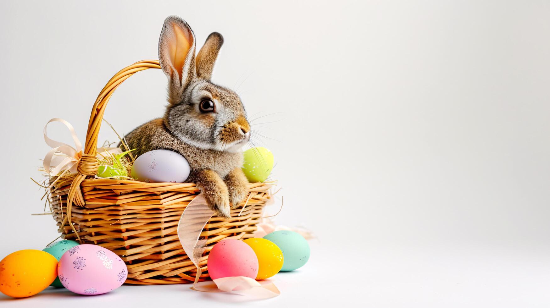 AI generated An Easter basket with a bunny sitting in it steals the spotlight, meticulously arranged against a clear, radiant white background and copy space for text photo