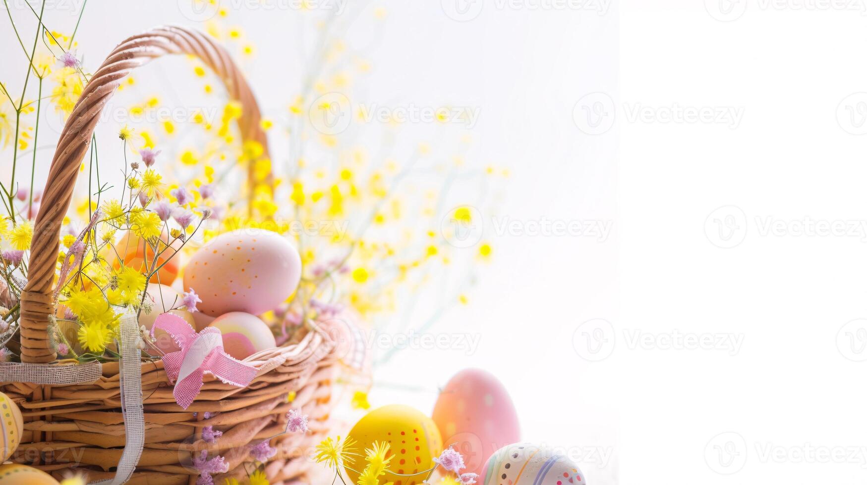 AI generated An Easter basket with eggs and flowers steals the spotlight, meticulously arranged against a clear, radiant white background and copy space for text photo