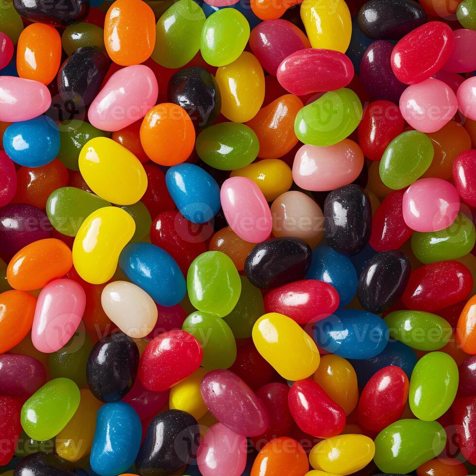 AI generated Close up of Cinema colorful assorted jelly beans in a full screen tile image that can be repeated infinitely photo