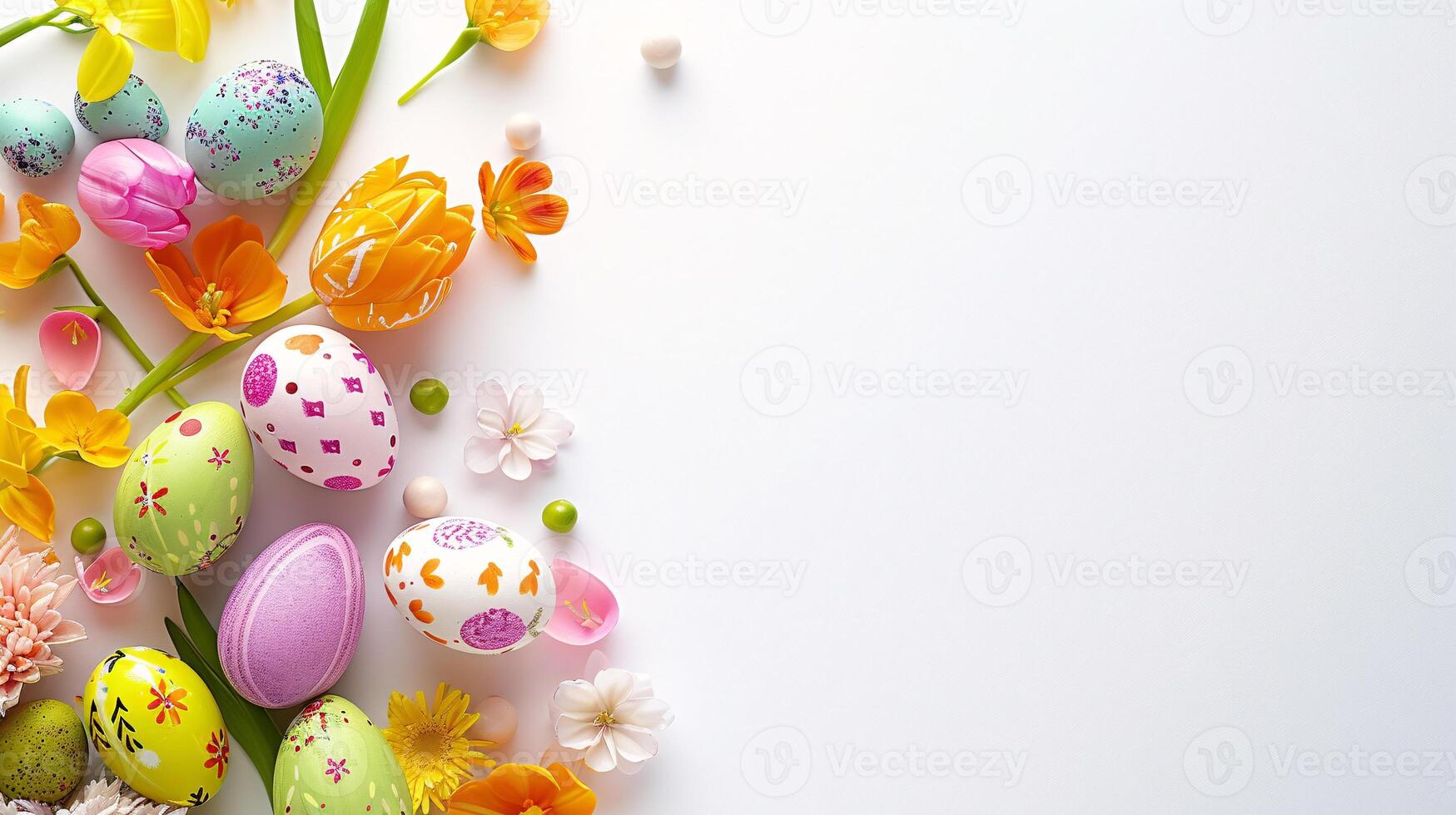 AI generated An Easter decoration steals the spotlight, meticulously arranged against a clear, radiant white background wit copy space photo