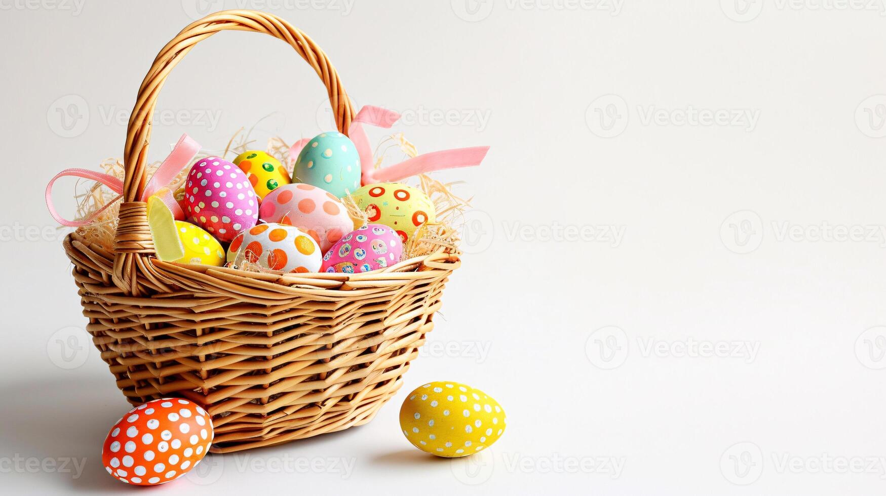 AI generated An Easter basket with eggs and flowers steals the spotlight, meticulously arranged against a clear, radiant white background and copy space for text photo