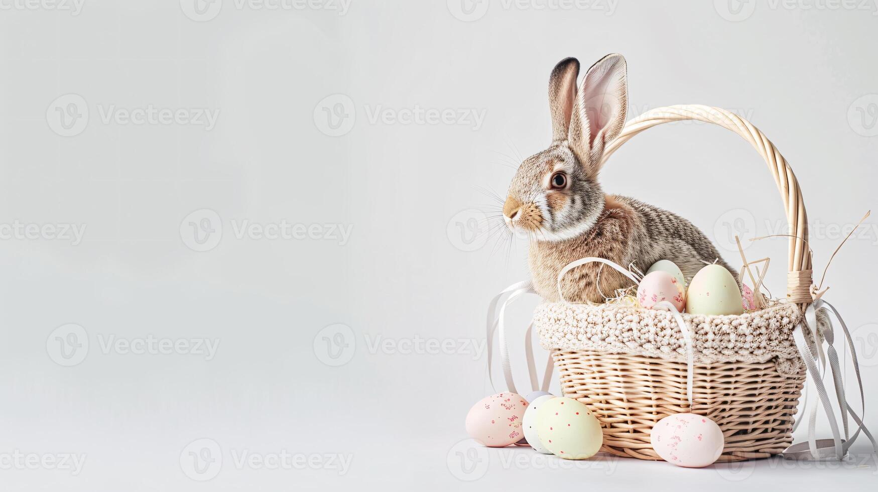 AI generated An Easter basket with a bunny sitting in it steals the spotlight, meticulously arranged against a clear, radiant white background and copy space for text photo