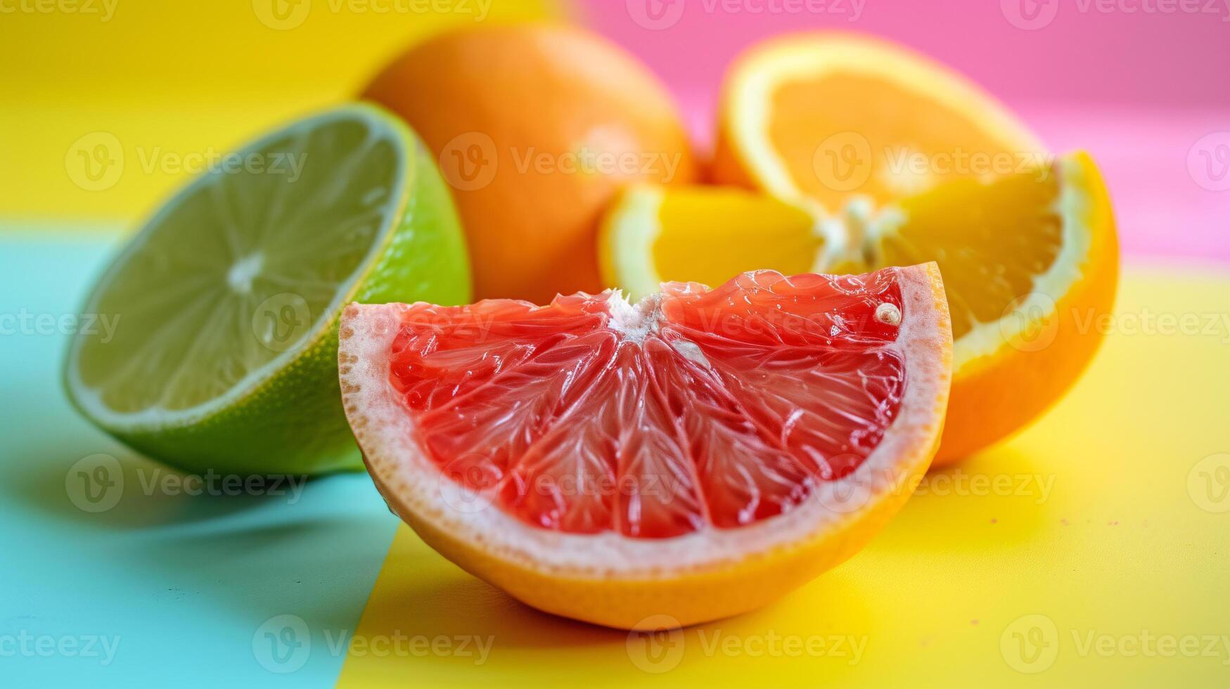 AI generated a vibrant, ripe citrus, sliced to reveal its succulent interior photo