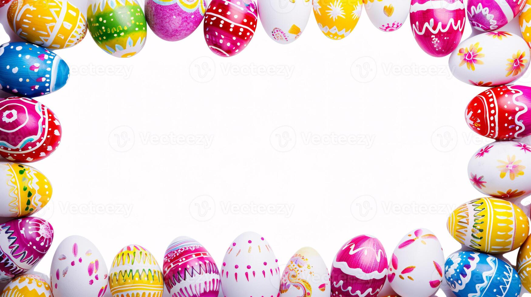 AI generated a frame crafted from a collection of vibrant Easter eggs, takes center stage against a clear white background to insert your text or image in it photo