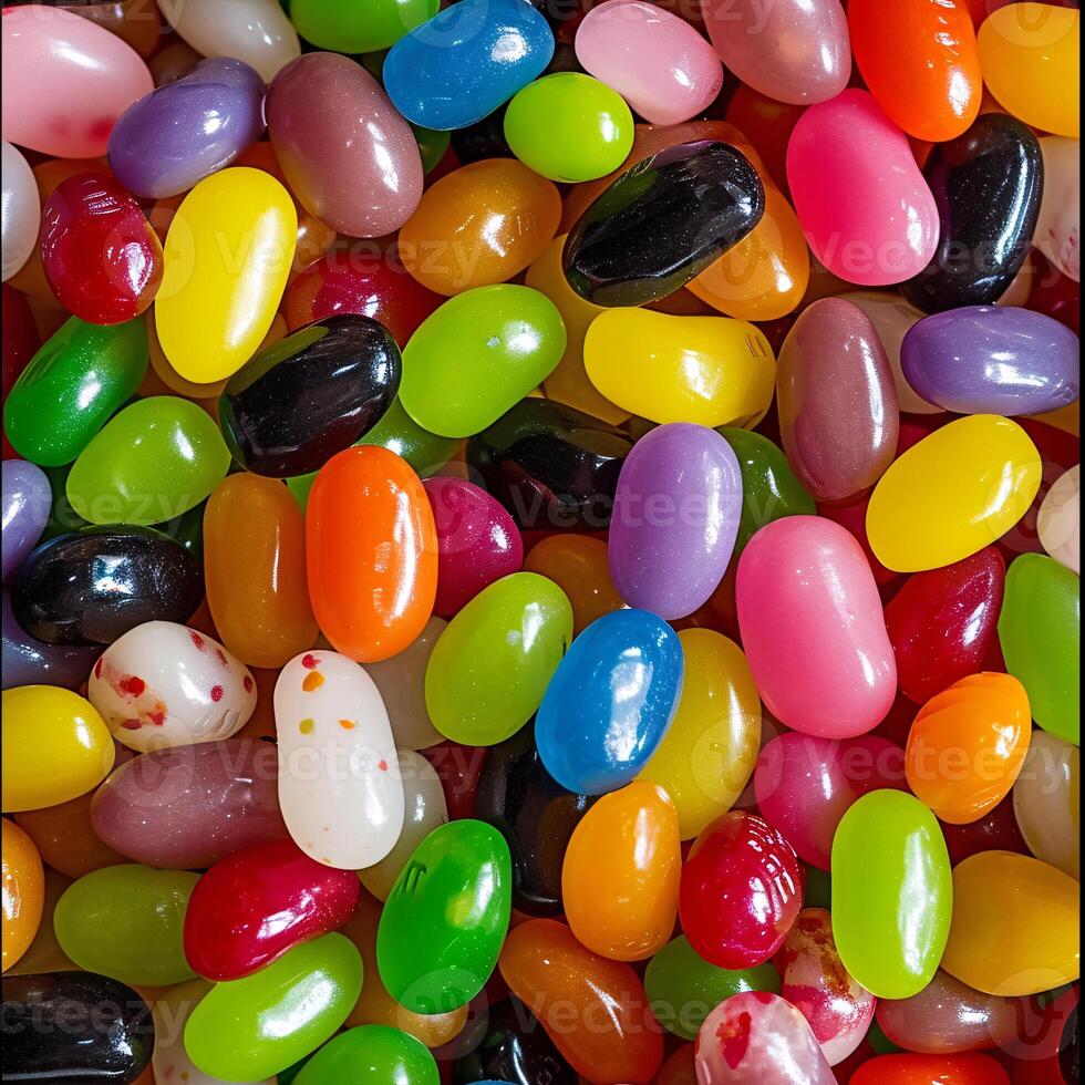 AI generated Close up of Cinema colorful assorted jelly beans in a full screen tile image that can be repeated infinitely photo