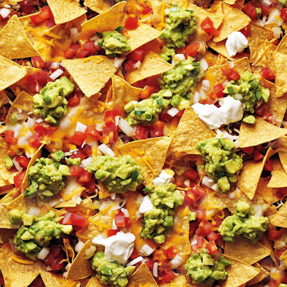 AI generated Close up of Cinema Food nachos with cheese and jalapeno in a full screen tile image that can be repeated infinitely photo