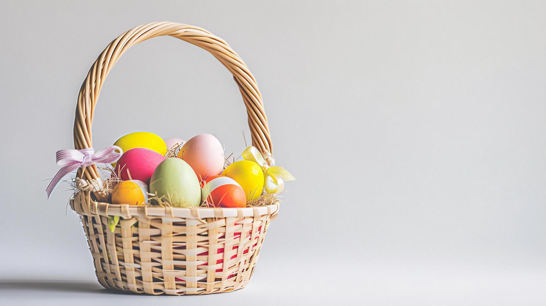 AI generated An Easter basket with eggs and flowers steals the spotlight, meticulously arranged against a clear, radiant white background and copy space for text photo