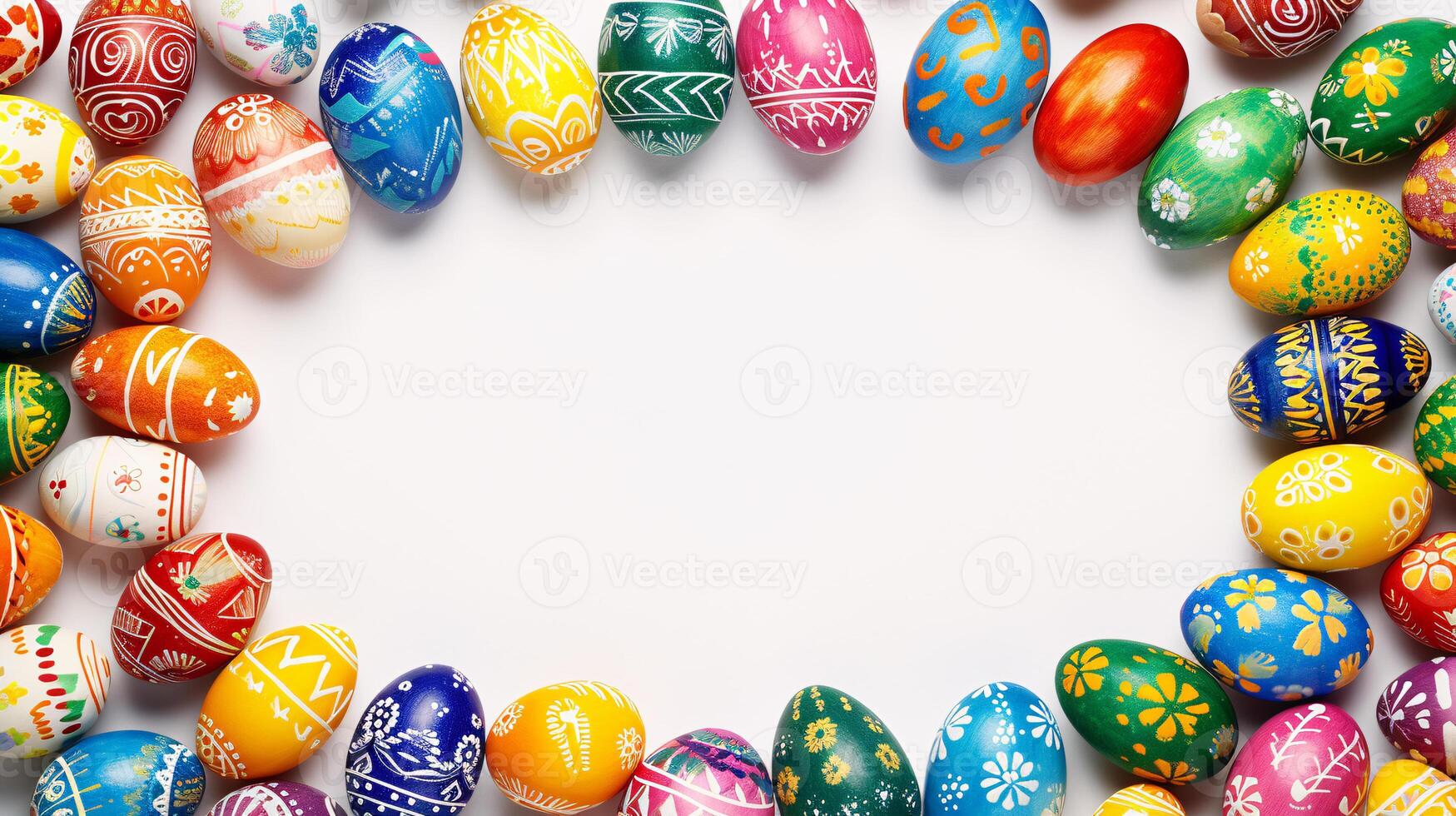 AI generated a frame crafted from a collection of vibrant Easter eggs, takes center stage against a clear white background to insert your text or image in it photo
