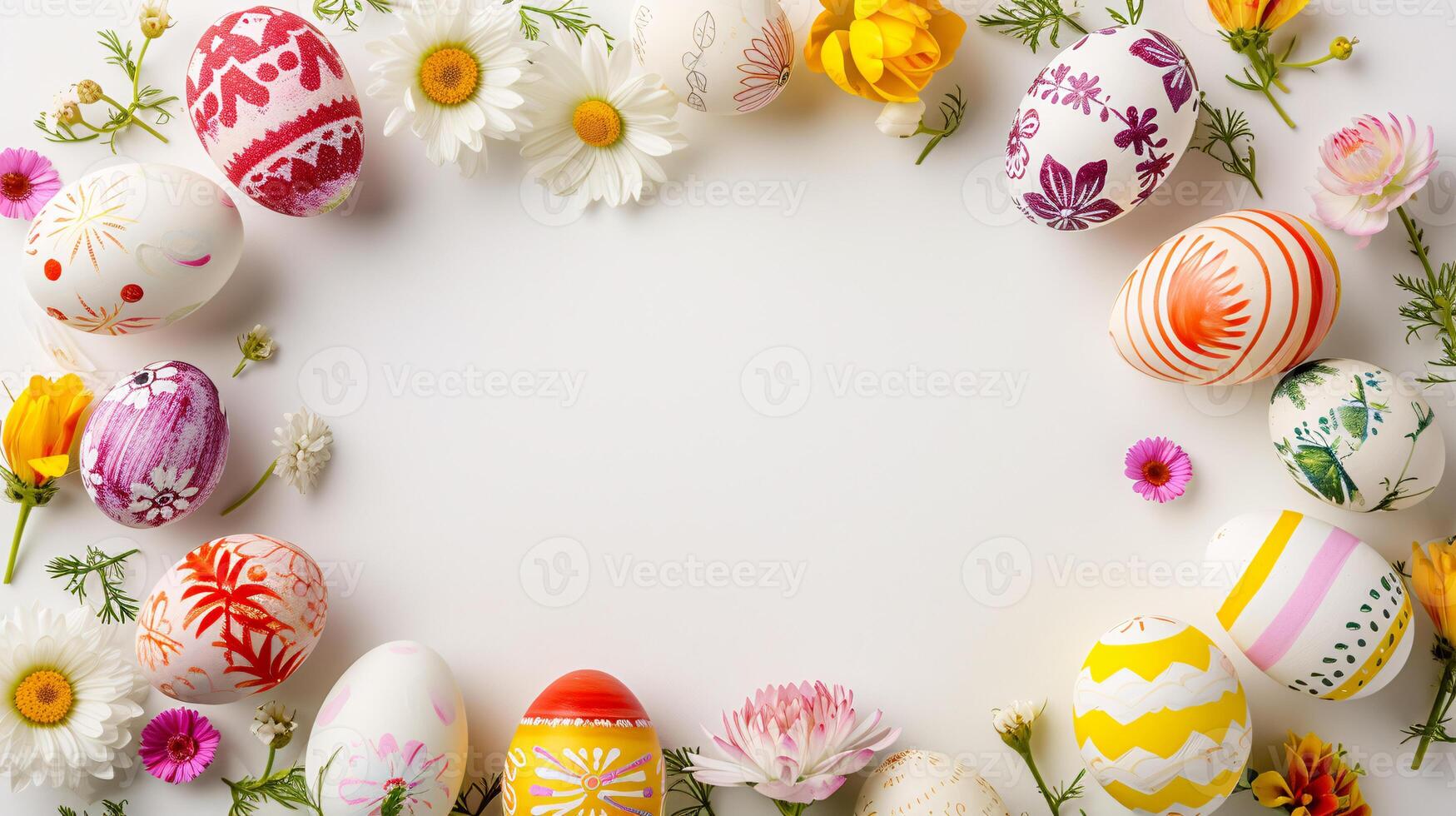 AI generated a frame crafted from a collection of vibrant Easter eggs, takes center stage against a clear white background to insert your text or image in it photo