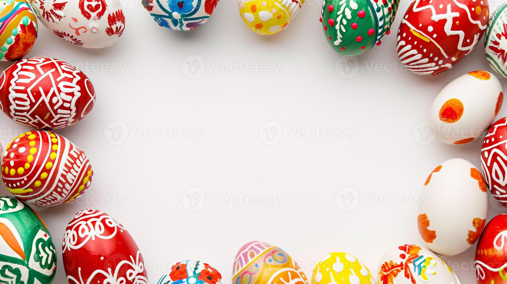 AI generated a frame crafted from a collection of vibrant Easter eggs, takes center stage against a clear white background to insert your text or image in it photo