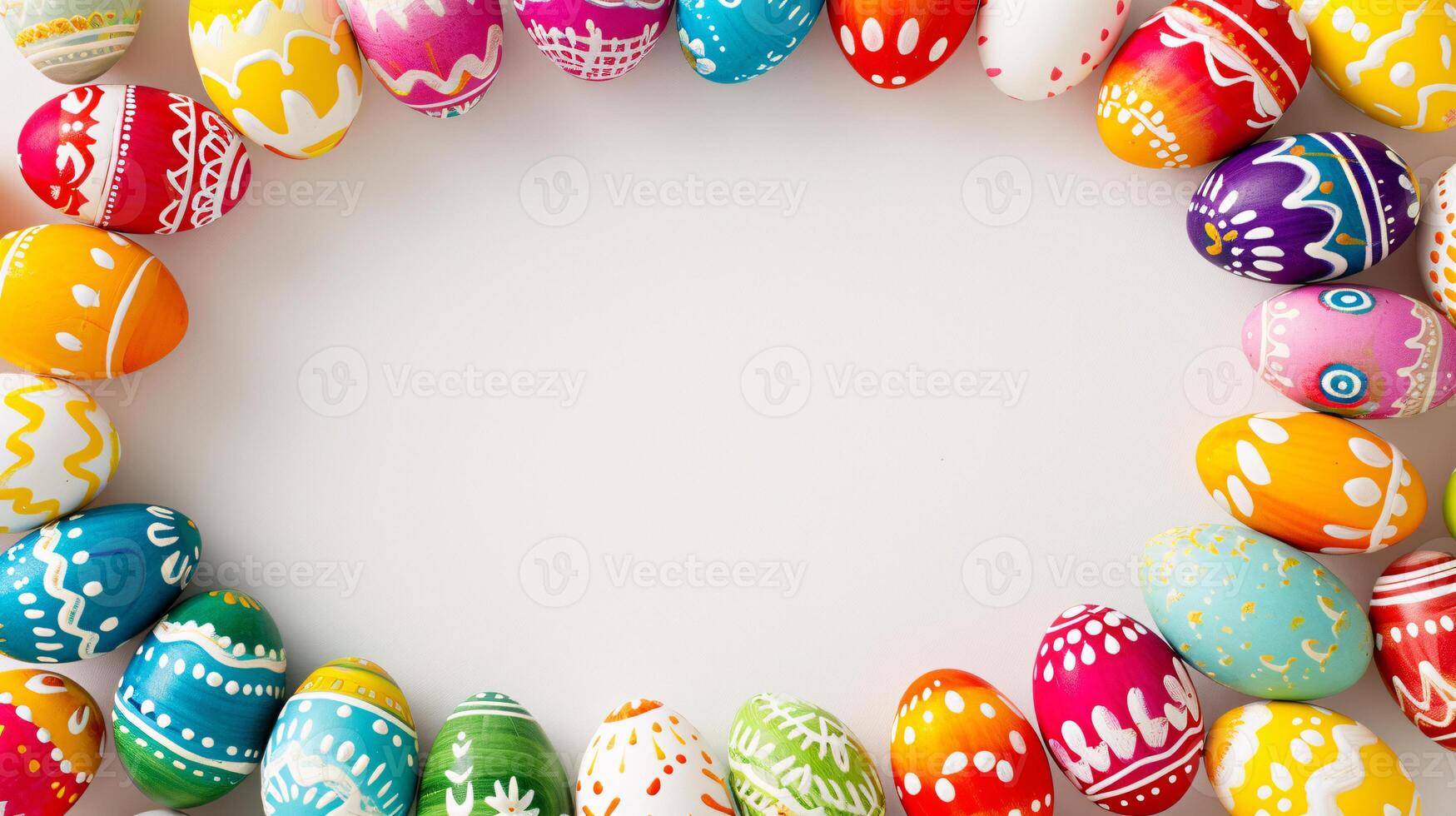 AI generated a frame crafted from a collection of vibrant Easter eggs, takes center stage against a clear white background to insert your text or image in it photo