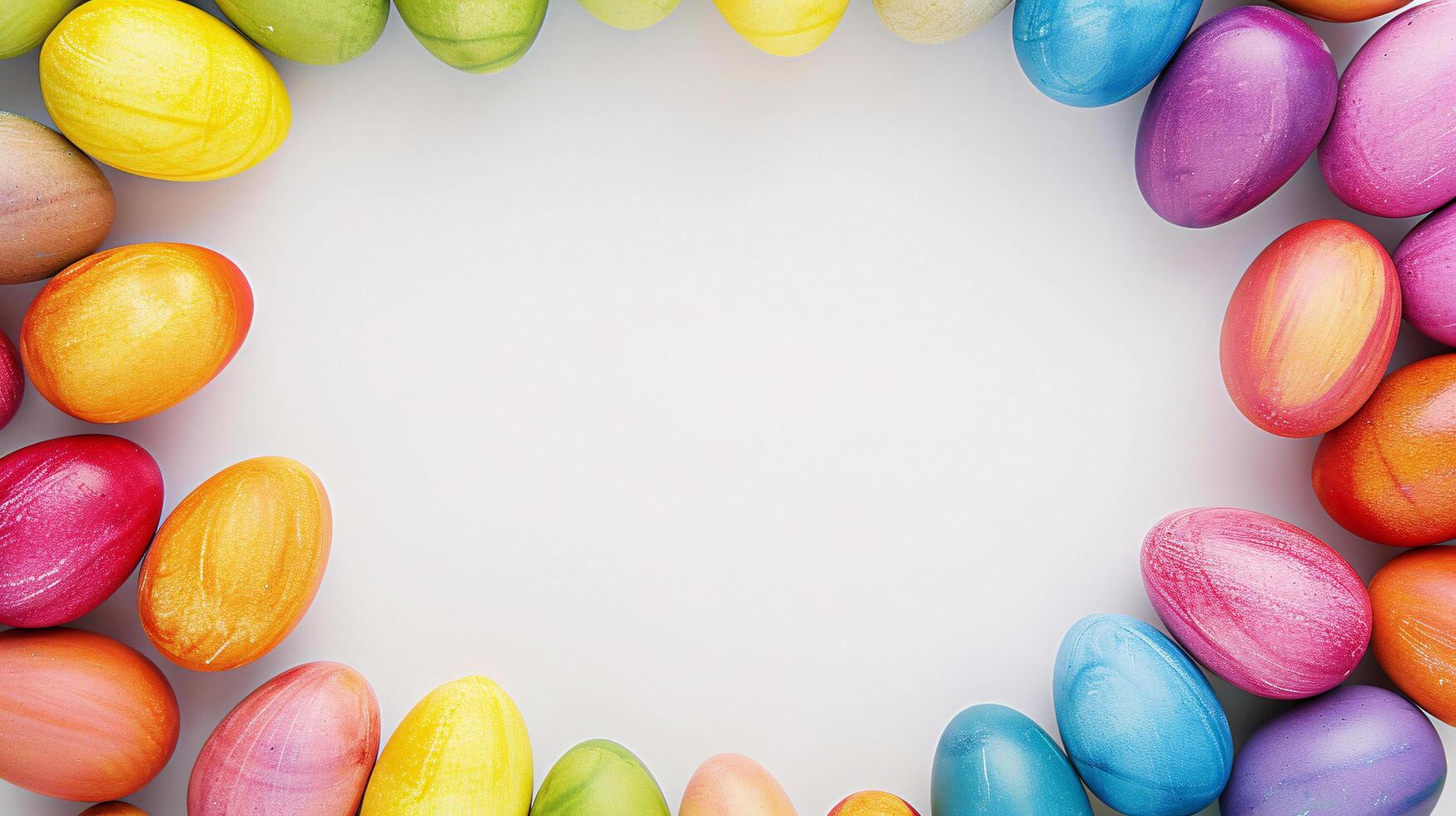 AI generated a frame crafted from a collection of vibrant Easter eggs, takes center stage against a clear white background to insert your text or image in it photo