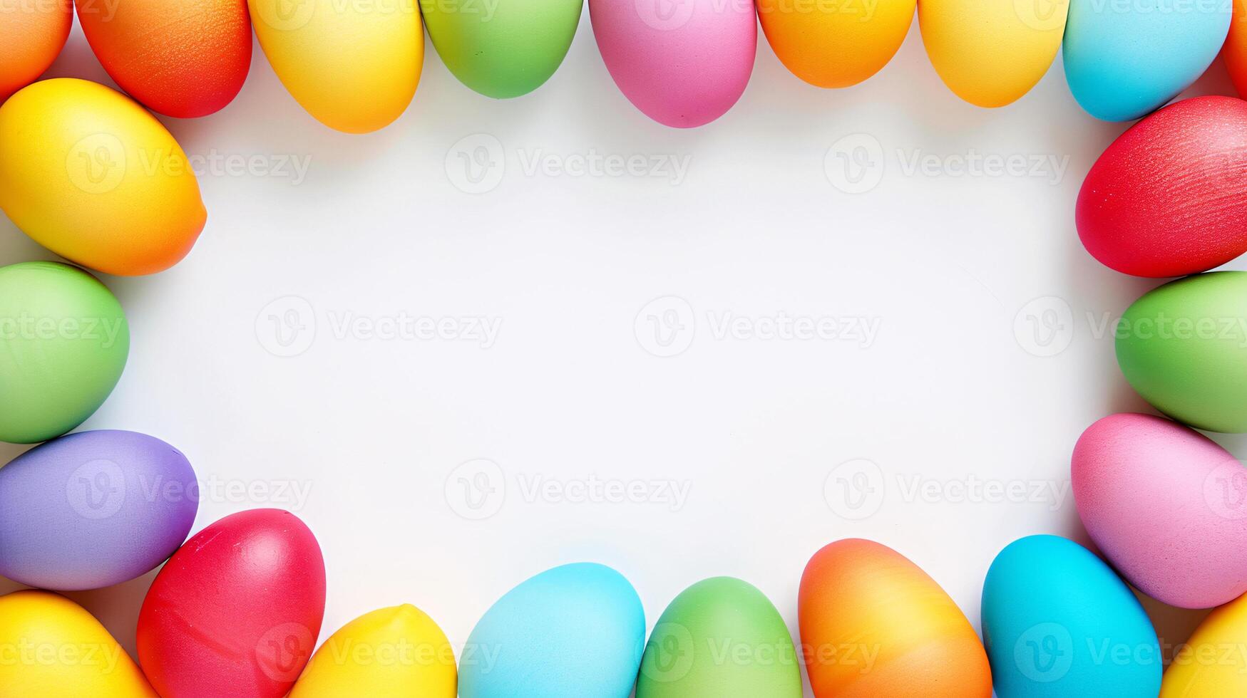 AI generated a frame crafted from a collection of vibrant Easter eggs, takes center stage against a clear white background to insert your text or image in it photo