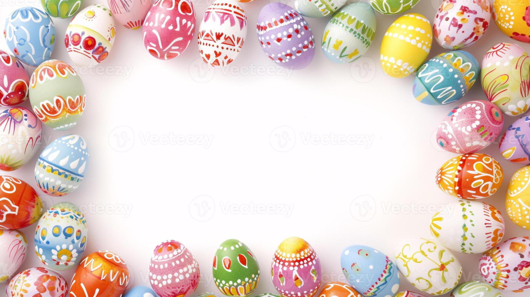 AI generated a frame crafted from a collection of vibrant Easter eggs, takes center stage against a clear white background to insert your text or image in it photo