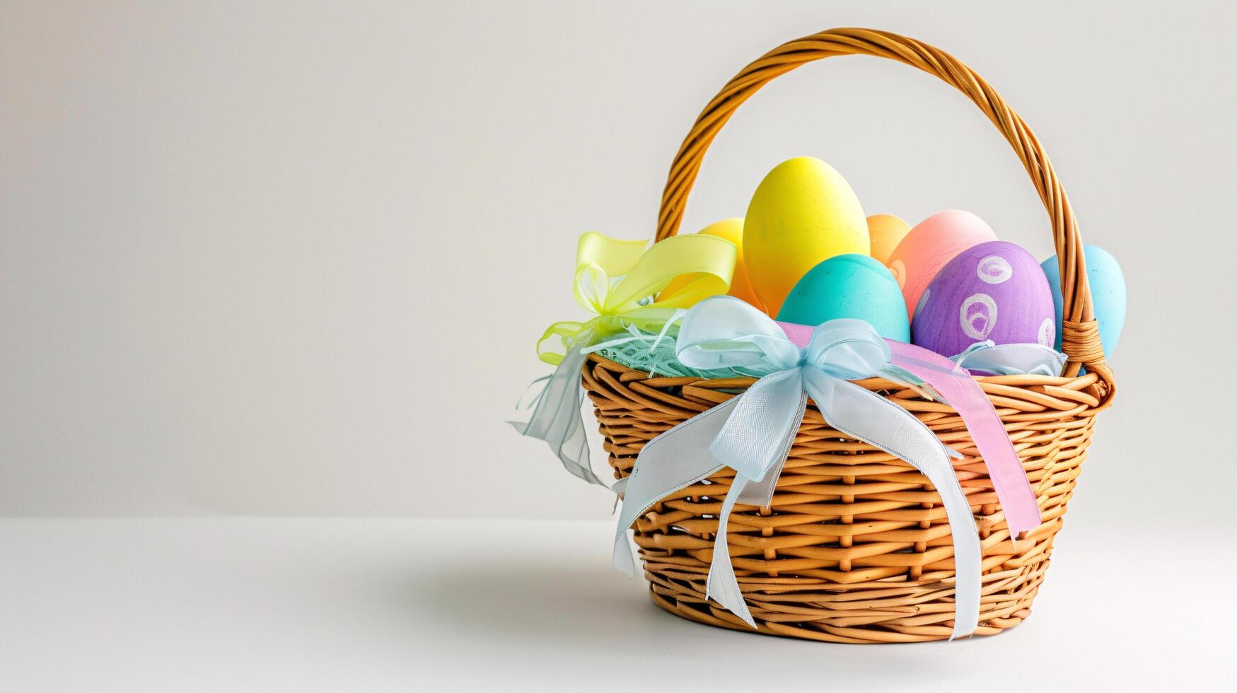 ai generado un Pascua de Resurrección cesta con huevos y flores roba el destacar, meticulosamente arreglado en contra un claro, radiante blanco antecedentes y Copiar espacio para texto foto