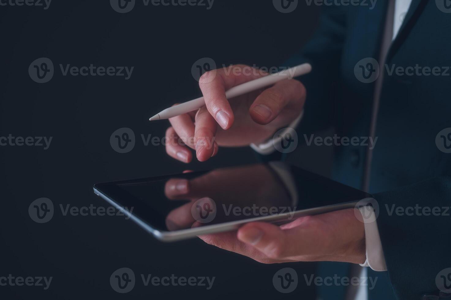 Digital technology internet network connection digital marketing IoT internet of things. businessman using digital tablet surfing internet futuristic metaverse, innovative technology background photo