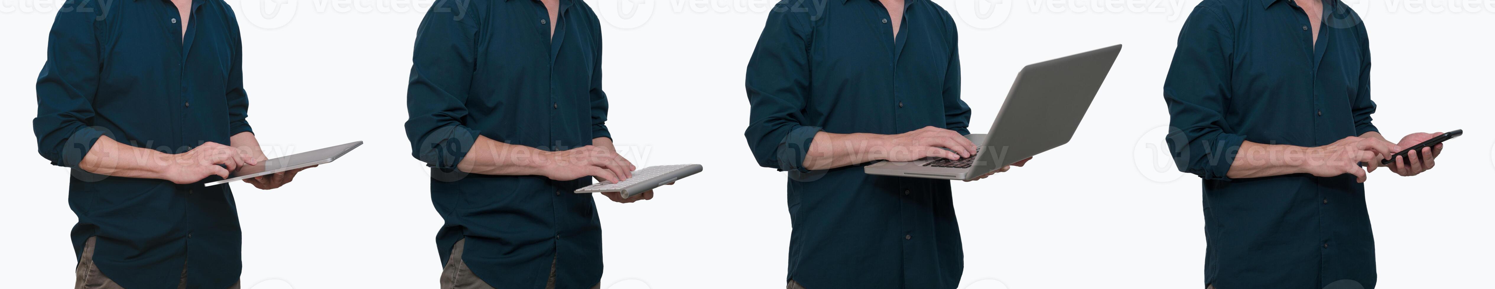 multi exposure of businessman using digital tablet wireless keyboard computer laptop and smartphone on white background banner photo