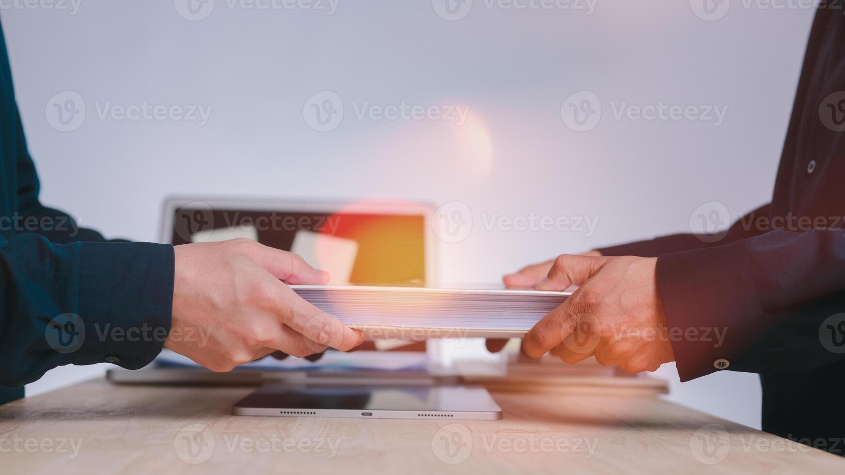 businessmen hand holding or handing over document, documentation, document data management system, Document data system Report HR technology Concept photo
