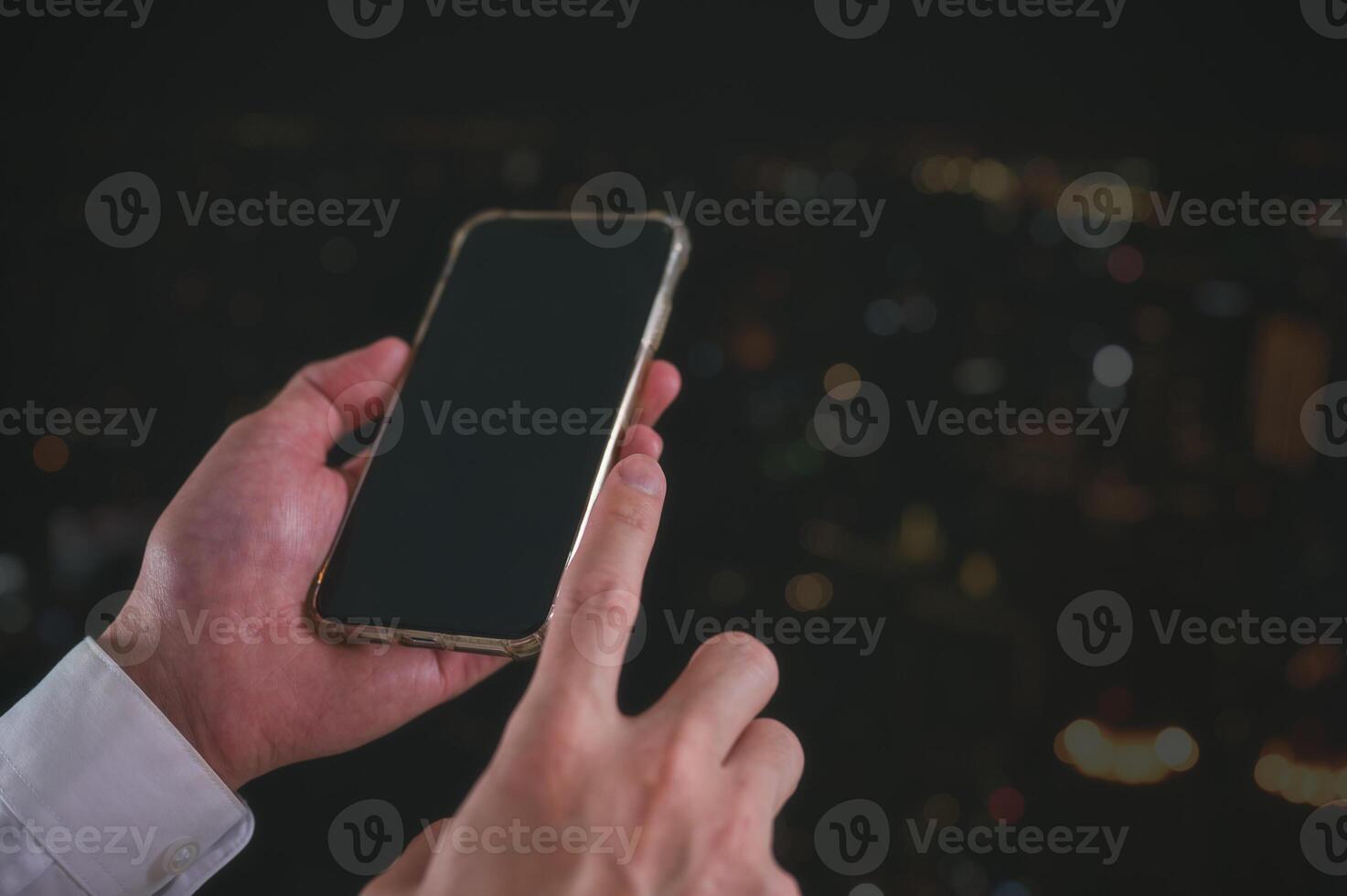 Social media marketing concept. businessman hand using smartphone typing, chatting conversation in chat box icons pop up blurred bokeh background photo