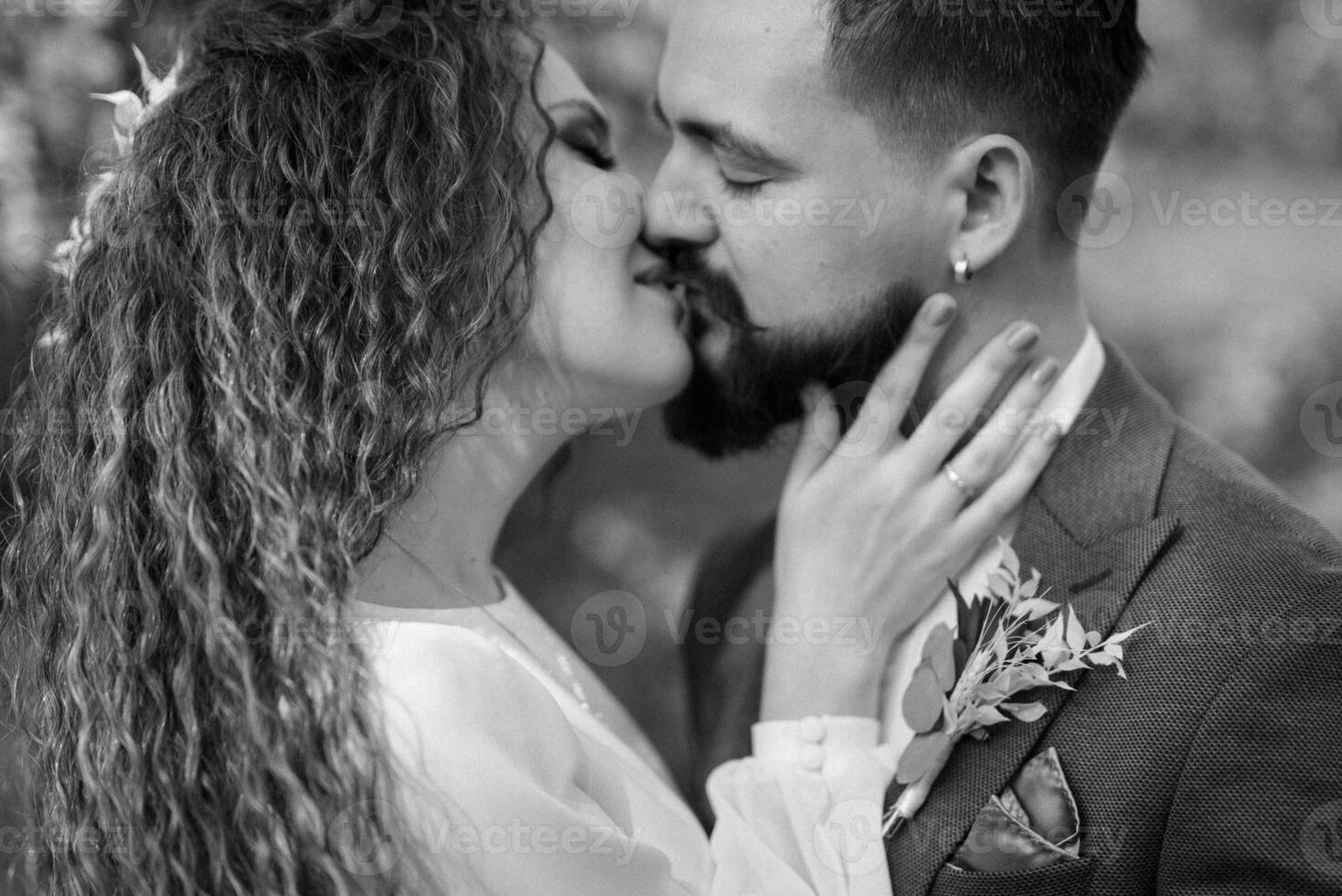a bearded groom and a girl with green hair are walking photo