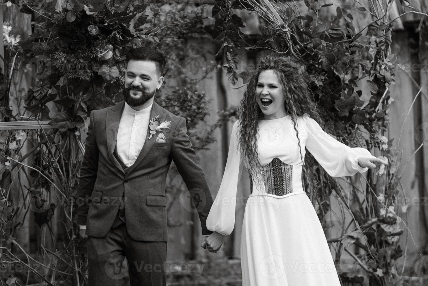 wedding ceremony of the newlyweds in a country cottage photo