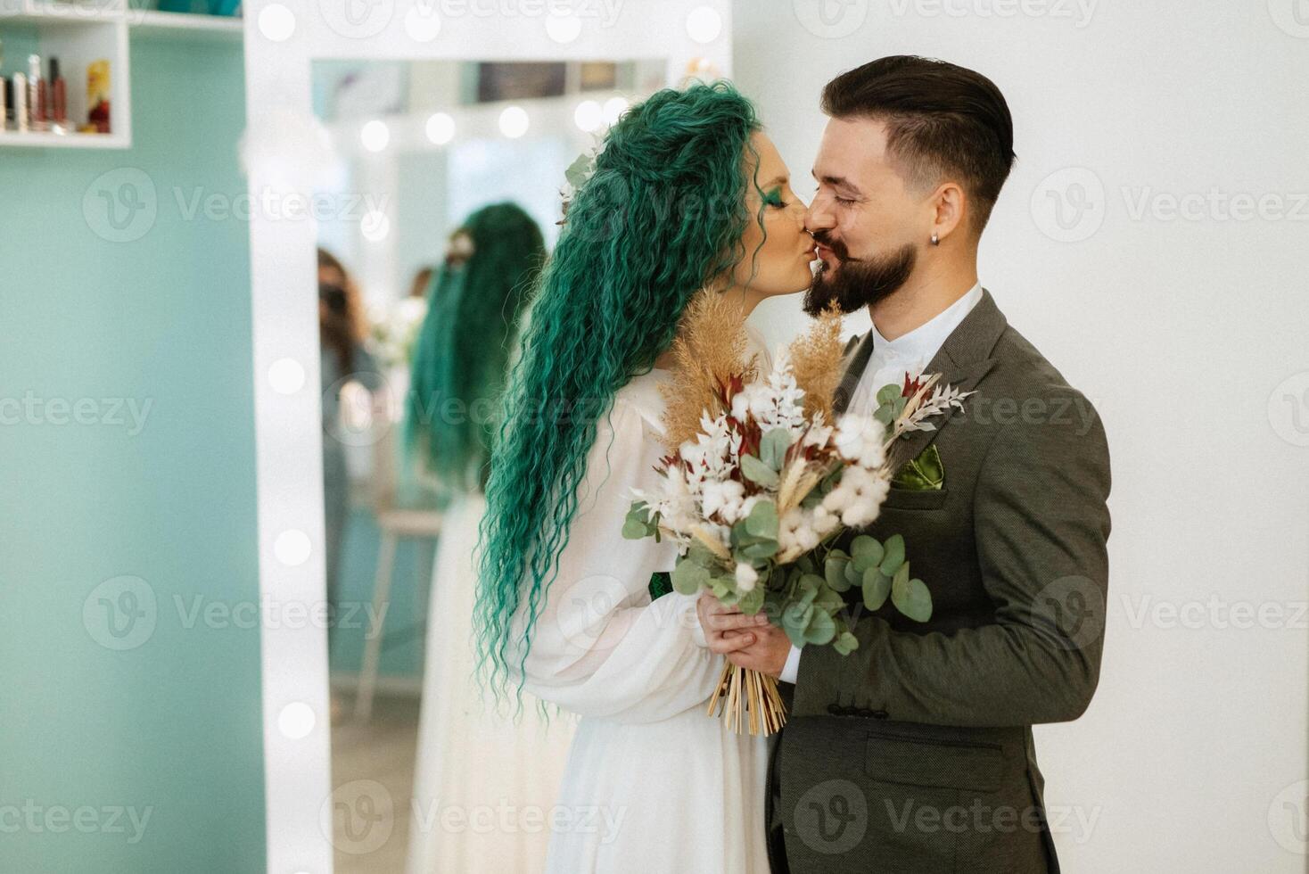 meeting of the bride and groom in the hotel photo