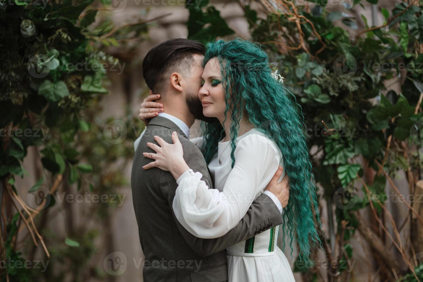 wedding ceremony of the newlyweds in a country cottage photo