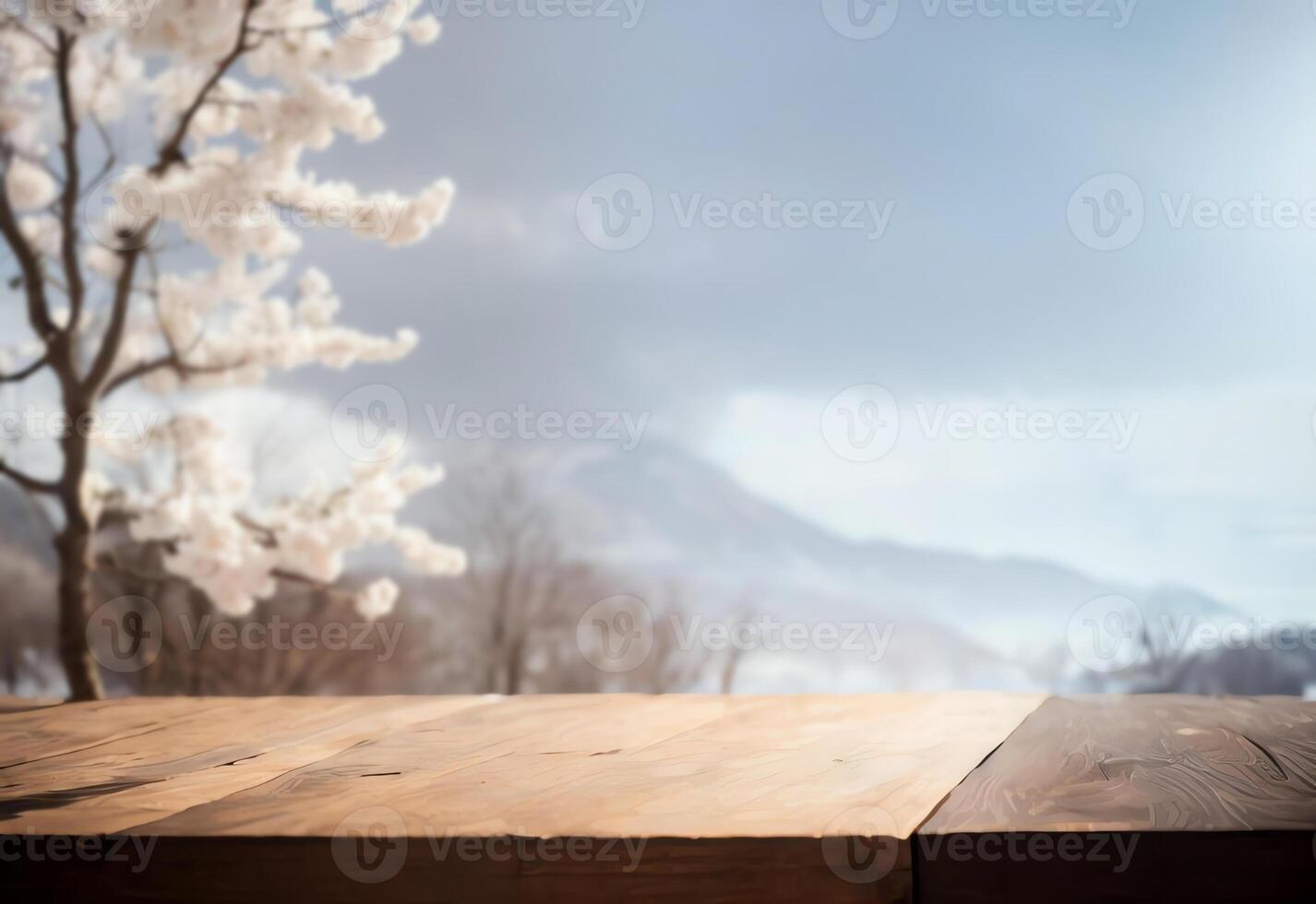 AI generated empty wooden tabletop with cherry blossom blur background ai generated photo