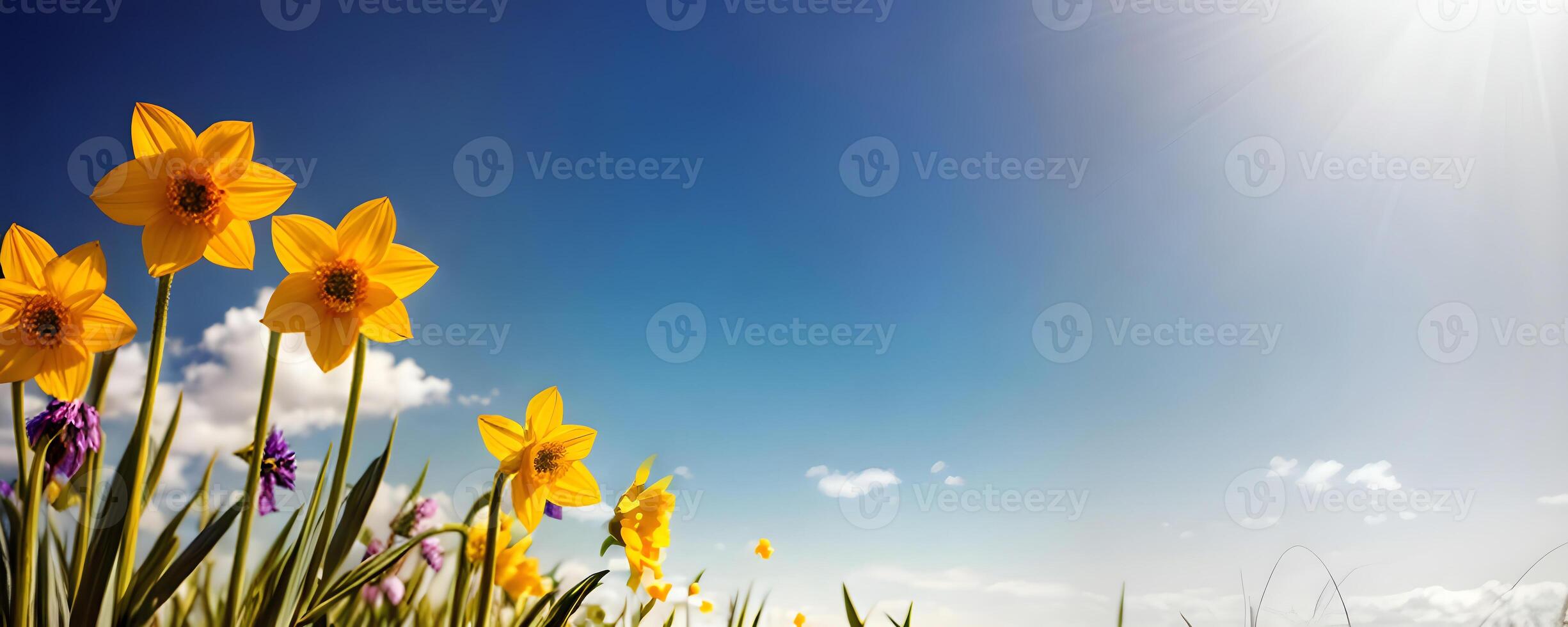 ai generado primavera bandera con flor en azul cielo antecedentes ai generado foto