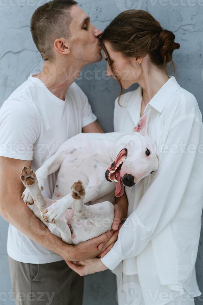 young couple guy and girl in a bright room playing with pet photo