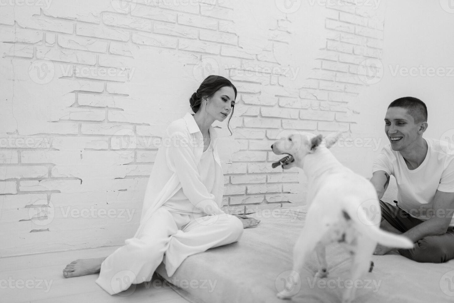 young couple guy and girl in a bright room playing with pet photo