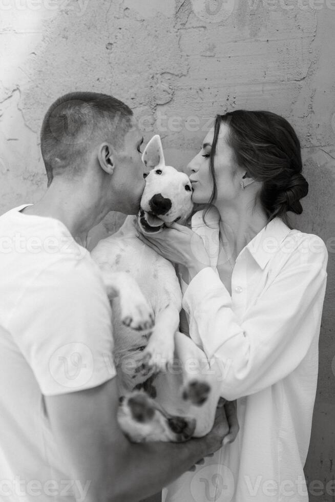 young couple guy and girl in a bright room playing with pet photo