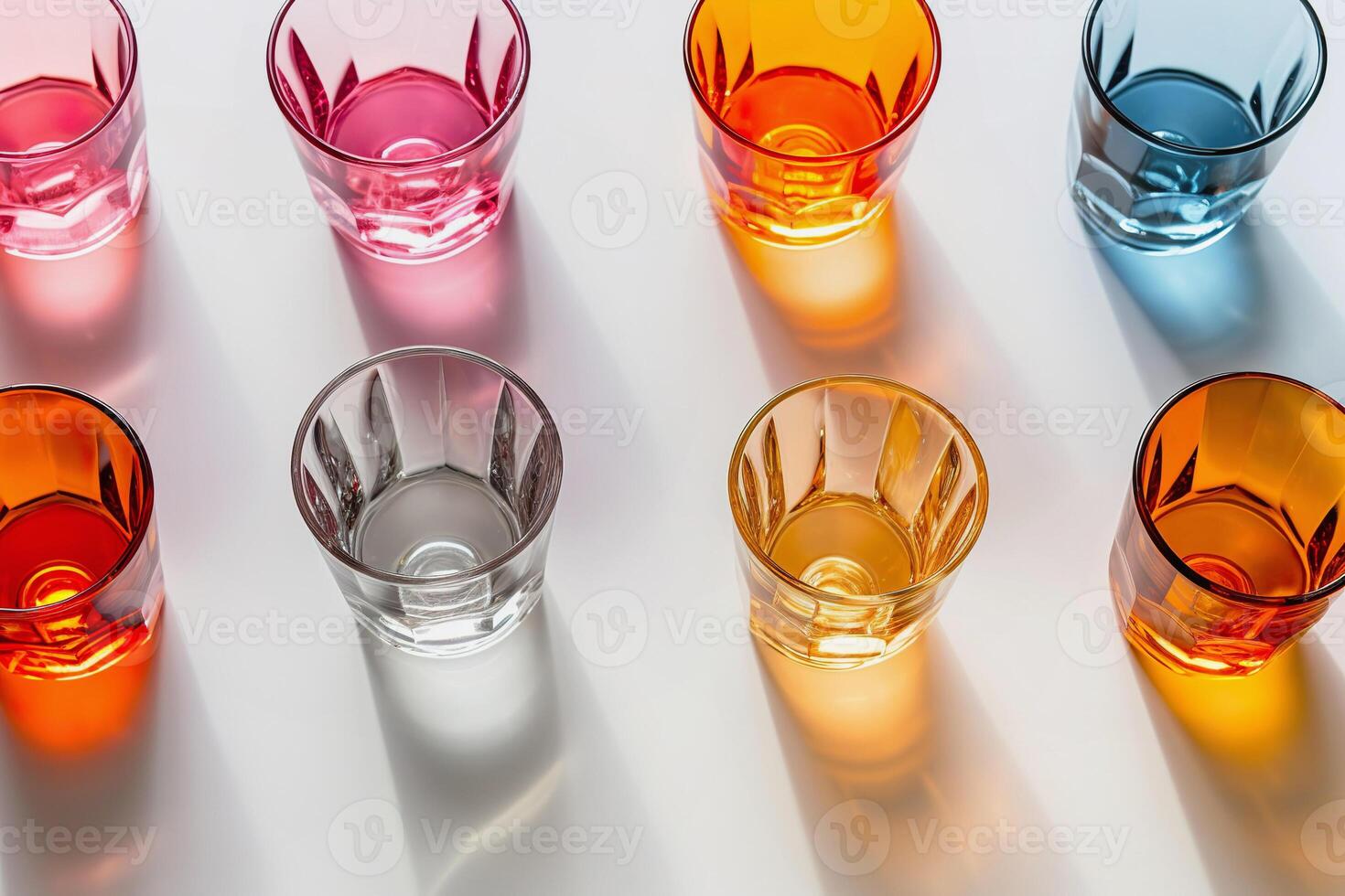 AI Generated Colorful empty glasses on white. Light and shadow, different shapes and color photo