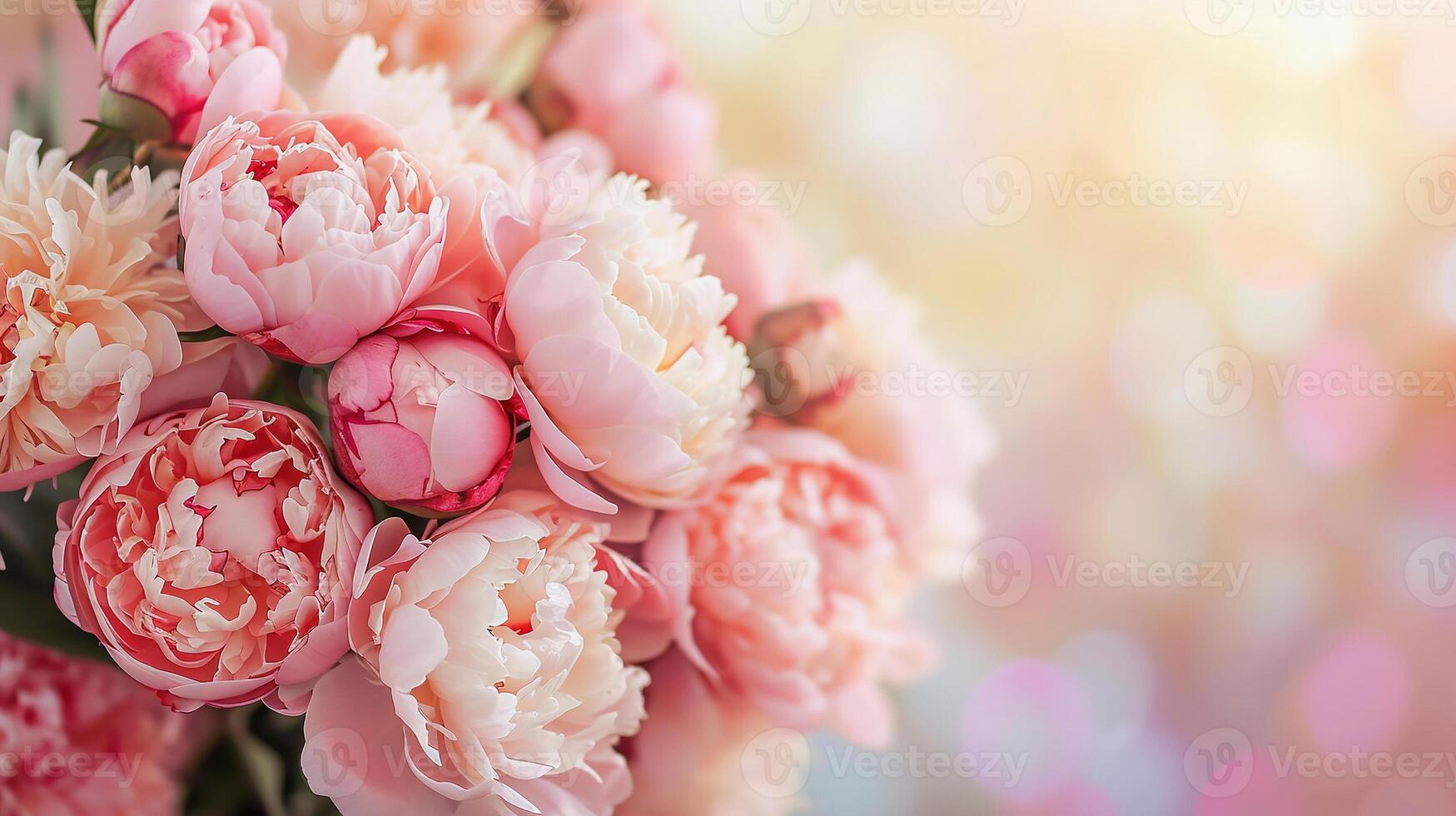 AI Generated Peony bouquet on soft, dreamy background copy space. Spring or summer banner photo