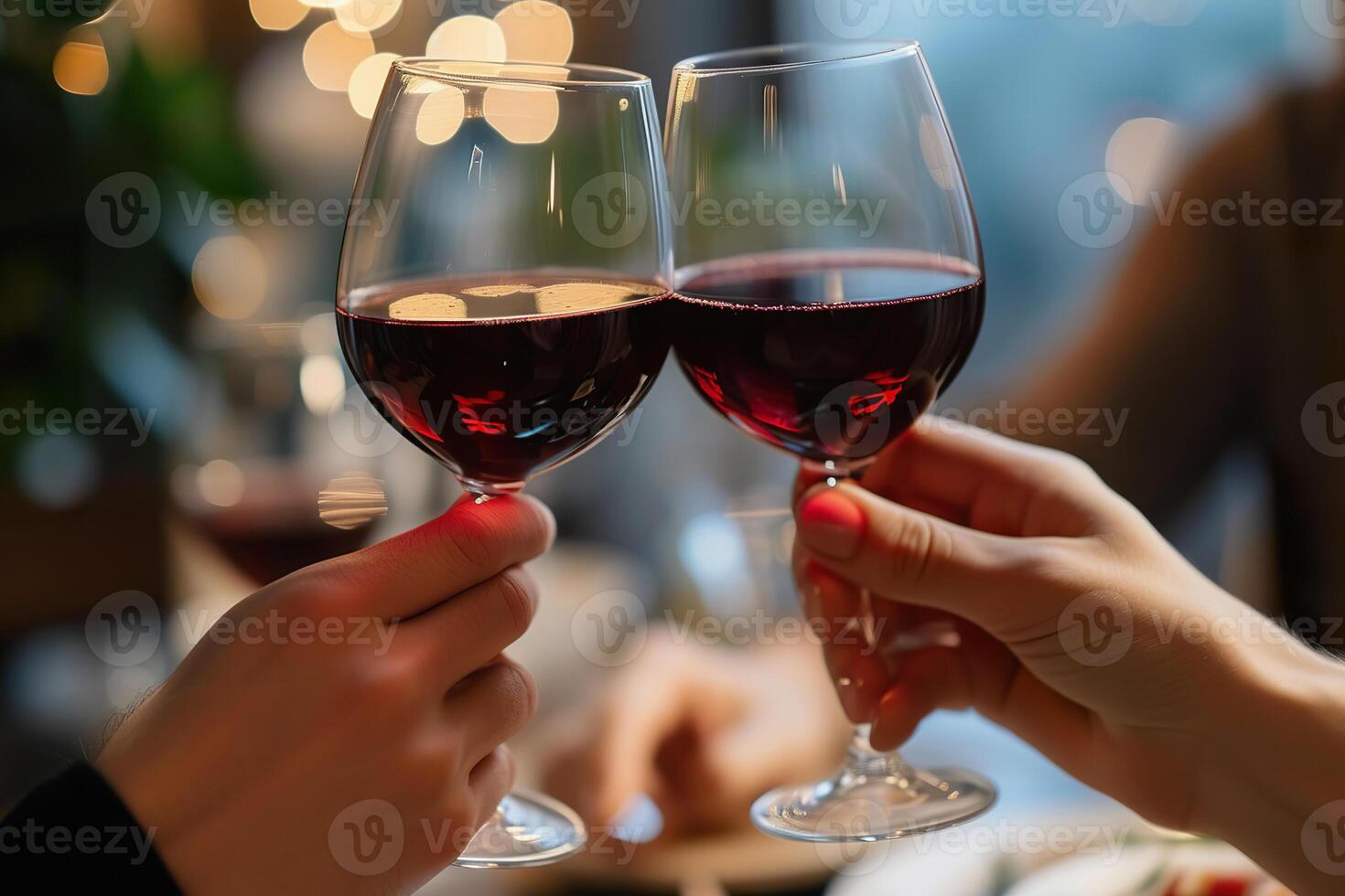 ai generado Pareja tostado con rojo vino lentes en acogedor ajuste foto