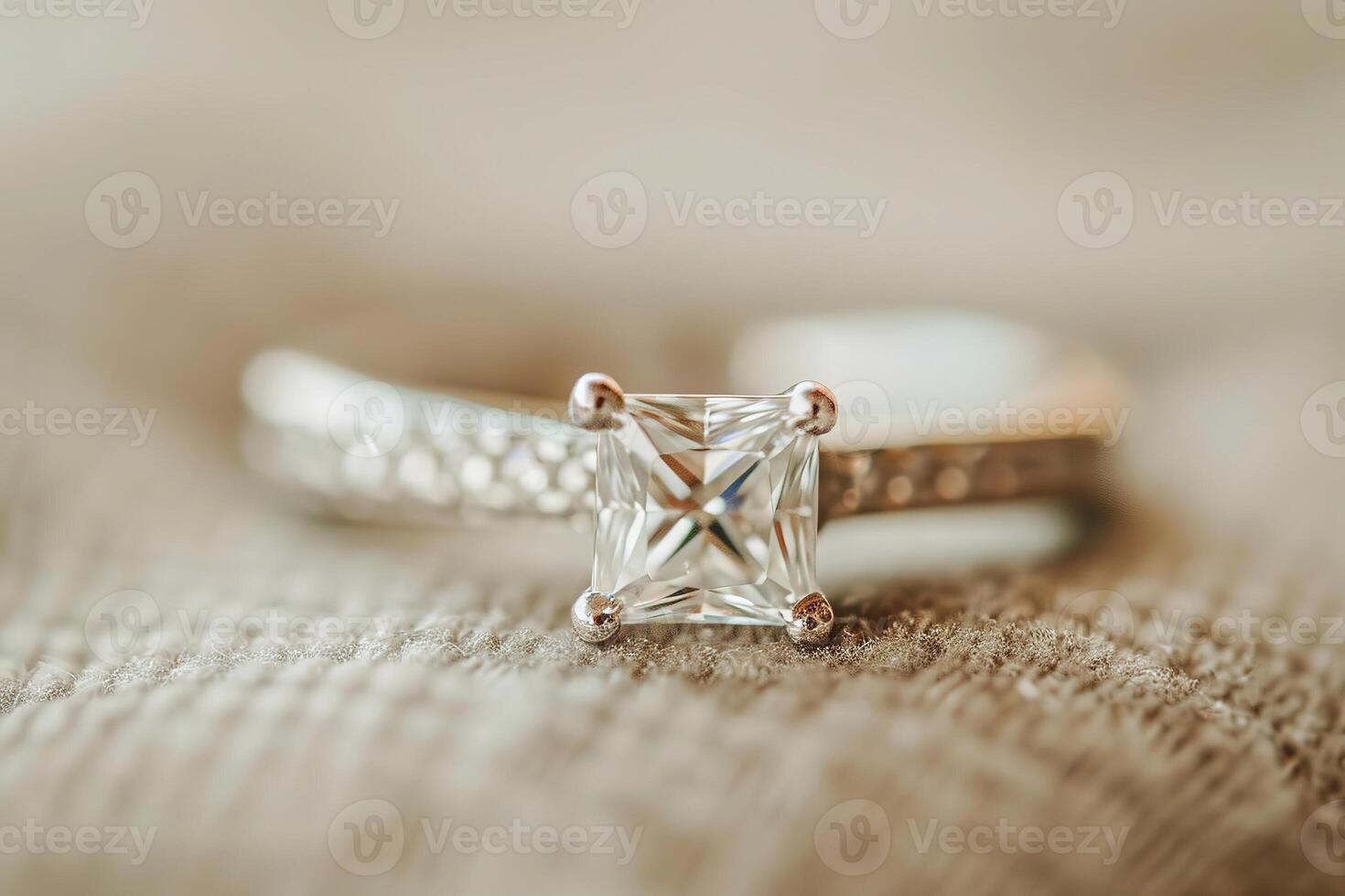 AI Generated Princess Cut diamond engagement ring with sparkling gemstone. Central stone with small diamonds photo