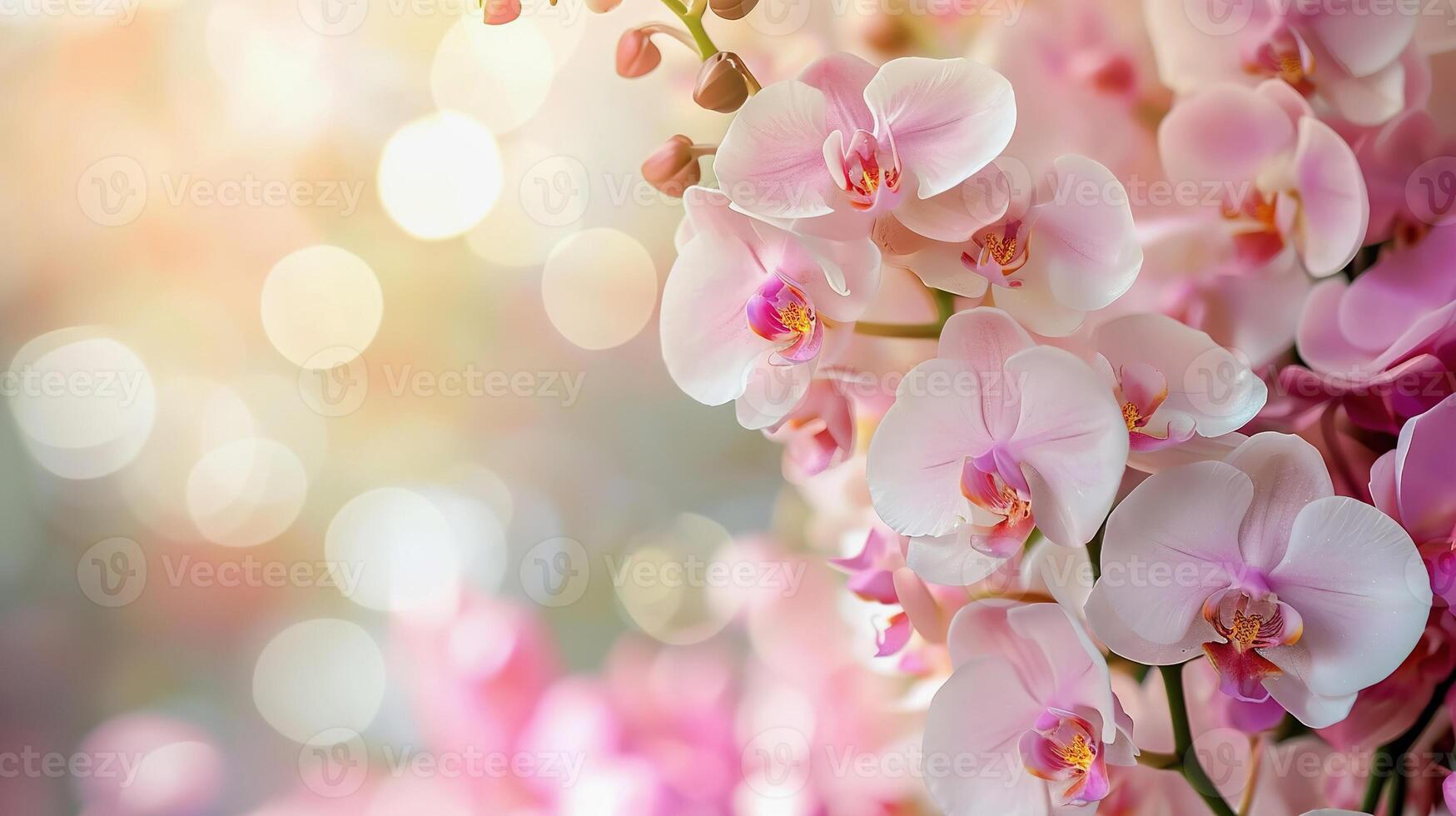 AI Generated Orchids on soft, dreamy background copy space. Flower banner photo