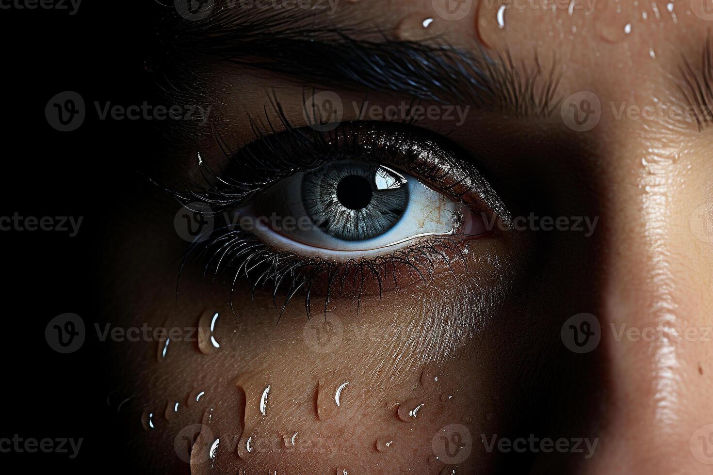 AI generated Tear-streaked face, eyes reflecting profound sadness and anxiety photo