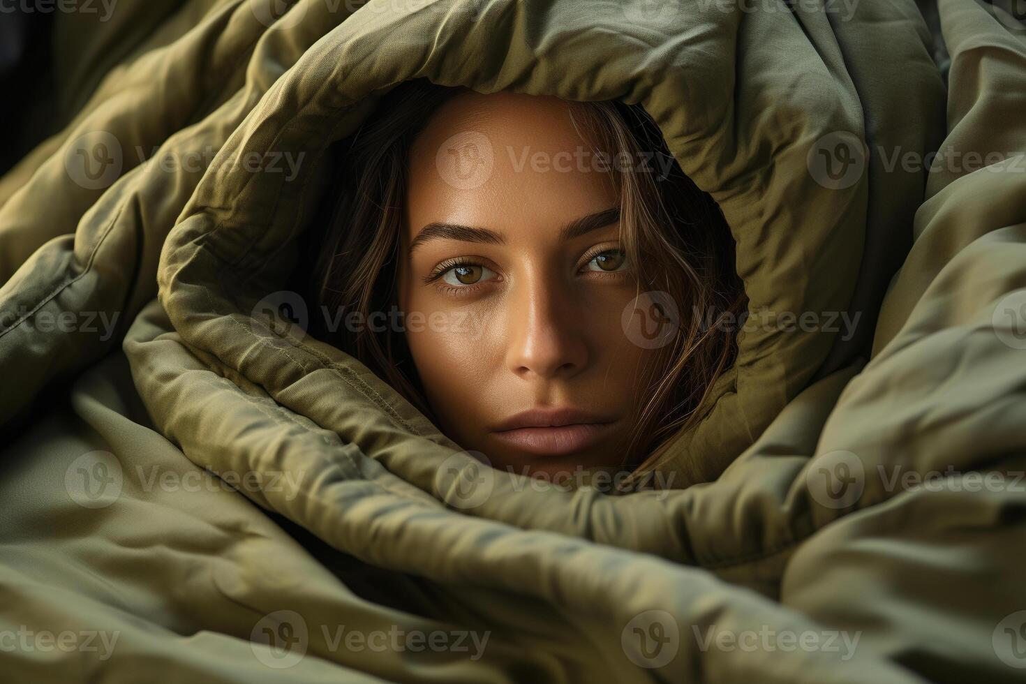 AI generated A person wrapped in a cocoon of blankets, seeking comfort and security photo