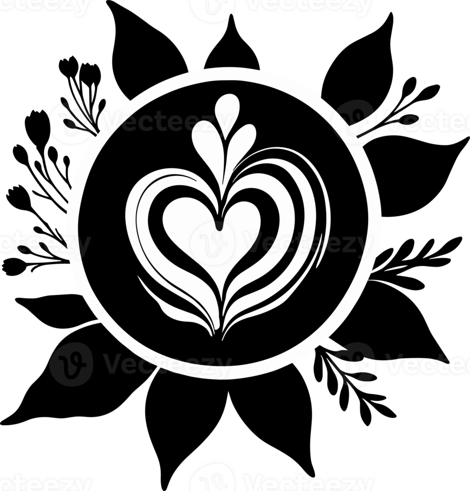 AI generated Top view of heart latte art coffee cup decorated with flowers in black and white, isolated illustration on transparent background png, design element for food, drink and coffee shop png