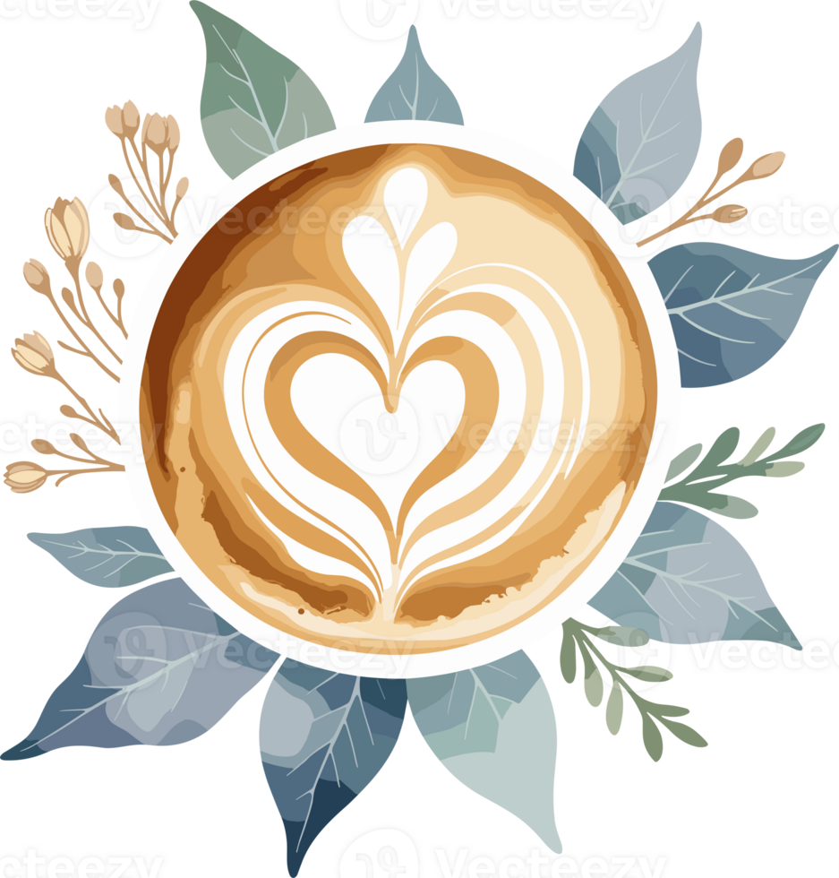AI generated Top view of heart latte art coffee cup decorated with flowers isolated illustration on transparent background png, watercolor design element for food, drink and coffee shop png