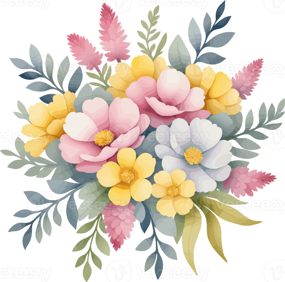 AI generated Bunch of colorful flowers illustration isolated on transparent background png, pastel color perfect design for special event, greeting and congratulation card png