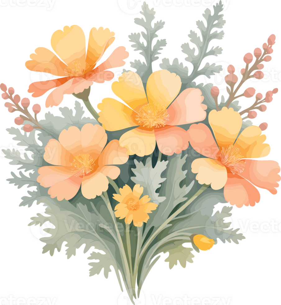 AI generated Bunch of peach and yellow flowers illustration isolated on transparent background png, pastel color perfect design for birthday, greeting card and special event png