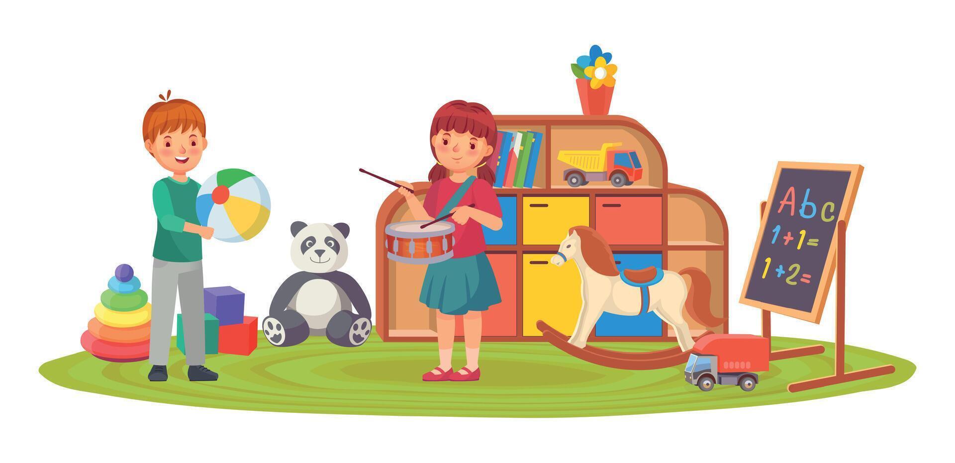 niños en jugando habitación con juguetes y musical instrumento vector
