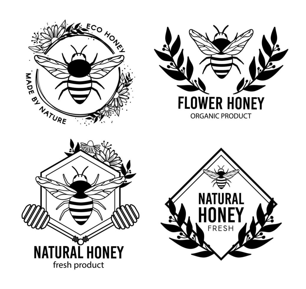 Beekeeping eco product badges and label set vector